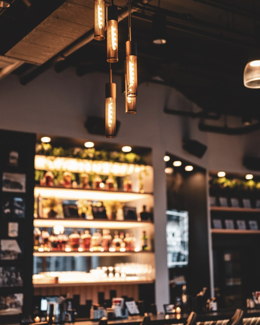 Edison pendant lights hanging above the backlit whiskey shelves at 1824